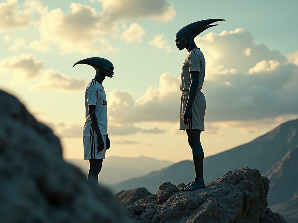 Two alien-like figures with elongated heads stand facing each other on rocky terrain, set against a scenic backdrop of mountains and a cloudy sky. The figures are dressed in sporty outfits, suggesting a fusion of athleticism and otherworldliness. The warm lighting creates a surreal and contemplative atmosphere, highlighting the mysterious nature of their meeting.