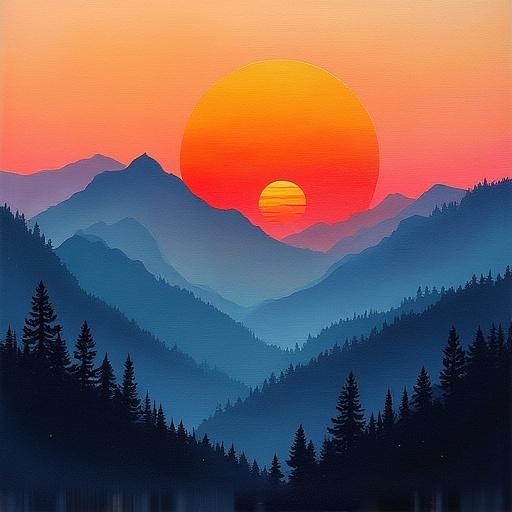 An abstract oil painting of a sunset over a mountain range. Large orange sun setting in the background with a gradient of pink and blue colors in the sky. Detailed mountains in the foreground with dark trees.