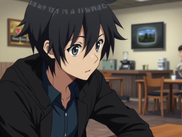 A young man with black messy hair and grey eyes sits at a table in a coffee shop. He wears a black jacket and a dark-blue shirt. The setting features other tables and a counter, with a TV on the wall.