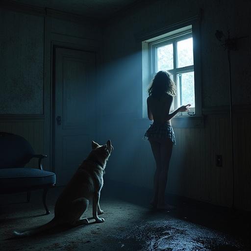 A person attempting to escape through a small basement window. The upper body is outside, while the lower body is out of view. A guard dog stands beside the person, observing the scene with curiosity.