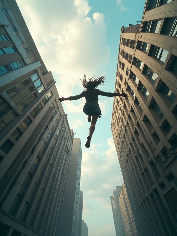 distorted extreme god's eye perspective of a woman leaping off of a tall building top down pov view from above looking down extreme perspective dynamic motion fluid motion