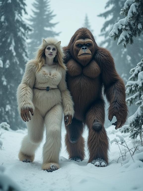 Couple of a yeti and bigfoot walking in a snowy forest. Characters have fluffy fur representing their mythical origins. They display an intriguing combination of strength and beauty. Snow-covered trees surround them, adding to the serene atmosphere.