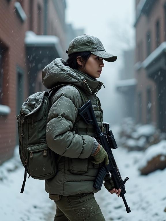 Photorealistic image of a Japanese woman in American military attire. She stands in a snowy city alley filled with rubble. Dressed in a tactical puffer jacket with a backpack and baseball cap. Holding an automatic rifle, showing a vigilant pose in the snow. Muddy boots emphasize the rugged environment.