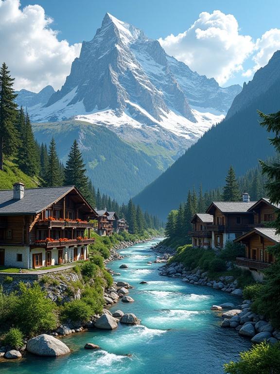Breathtaking image of alpine village in mountain valley. Snow-capped peaks dominate the background. Turquoise river flows through rocky landscape. Traditional chalets nestled in greenery. Bright blue sky with fluffy clouds enhances natural beauty.