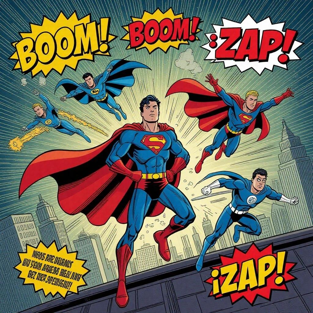 Colorful comic scene with heroes flying over city. Bright comic art style with explosive words. Superheroes in dynamic poses. One character humorously wearing a cape incorrectly.