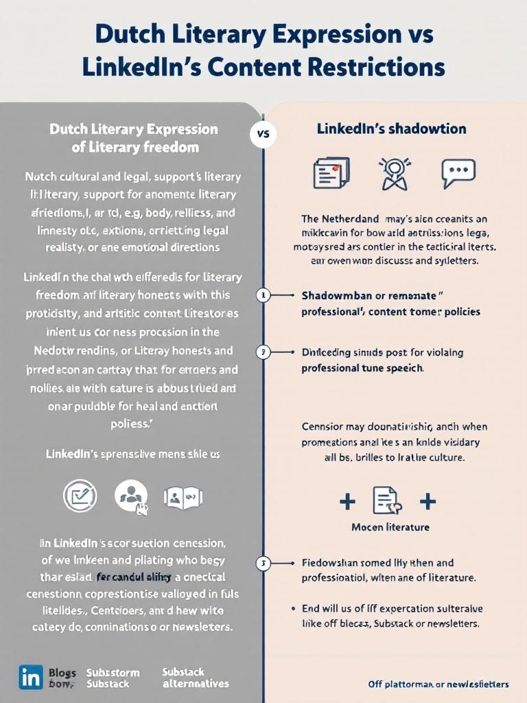 Infographic comparing Dutch cultural support for literary freedom with LinkedIn's content moderation policies. Left column details free expression and artistic values in the Netherlands. Right column describes LinkedIn's shadowbanning practices. Includes icons for censorship and free speech. Ends with suggestions for alternative platforms like blogs and newsletters.