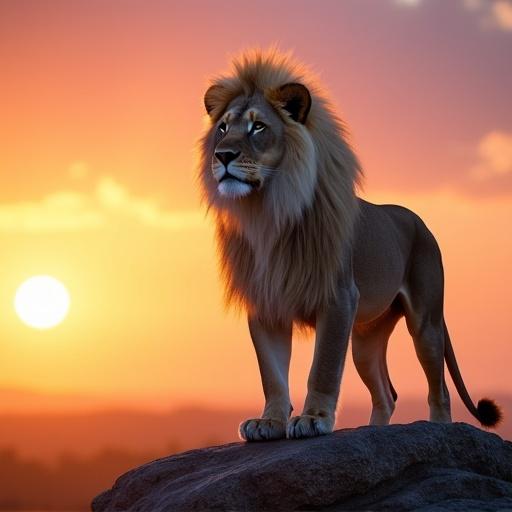 A majestic lion with a flowing white mane stands proudly on a rocky outcrop at sunrise in the African savanna. The sky features a vibrant gradient of orange, pink, and purple. Highly detailed fur and realistic eyes are visible. Dramatic rim lighting enhances the scene during golden hour. Wide shot captures the beauty.