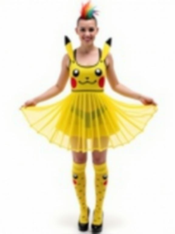 Photograph of a woman with rainbow spiked mohawk wearing transparent yellow Pikachu dress and knee-high socks. Dress has round Pikachu face on chest. Woman smiling confidently holds skirt out with both hands. Background is white with even lighting. Focus is sharp with vibrant colors and high aesthetic quality.