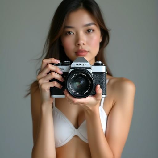 Young woman holding vintage Asahi Pentax camera. She appears to be in her twenties. She wears a sheer white bra. Body is slender with a toned build. She holds camera with both hands. Her expression is neutral. Camera details are clear. The background is neutral gray. Lighting is soft and even. Perspective is slightly above her looking down. Composition centers on camera and hands.