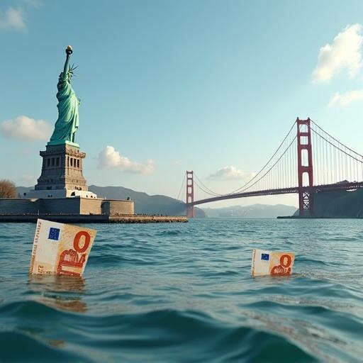 A landscape features the Statue of Liberty and Golden Gate Bridge. Four 100 euro banknotes partially submerged in sea. Photorealistic style.