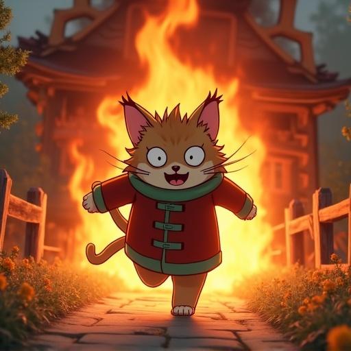 A cat dressed as Shishio running away from a burning house. The style reflects Ghibli animation.