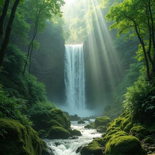 Sunbeams penetrate a green canopy. Waterfalls mix with mossy rocks. Nature is vibrant and serene.