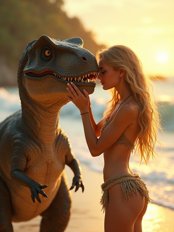 Close up of a blonde warrior woman on the beach with a giant Tyrannosaurus rex. Woman wears a tattered loincloth. She strokes the dinosaur's tongue softly. The scene is lit by golden sunlight with ocean waves in the background. Cinematic and vivid colors and shadows enhance the atmosphere.