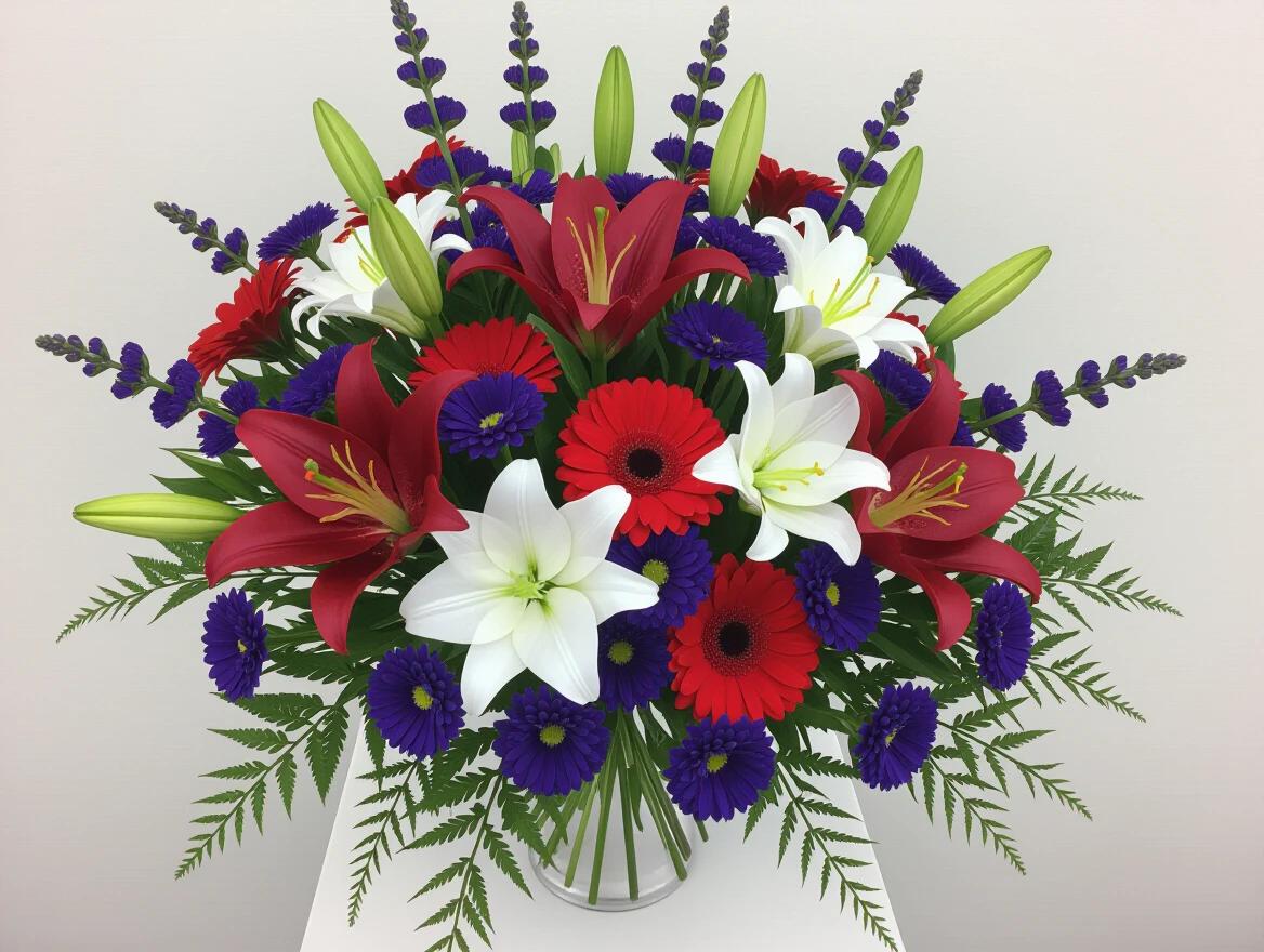 A vibrant and beautiful flower arrangement featuring red lilies white lilies purple asters red gerberas and greenery in a glass vase. Suitable for condolences for a loved one.