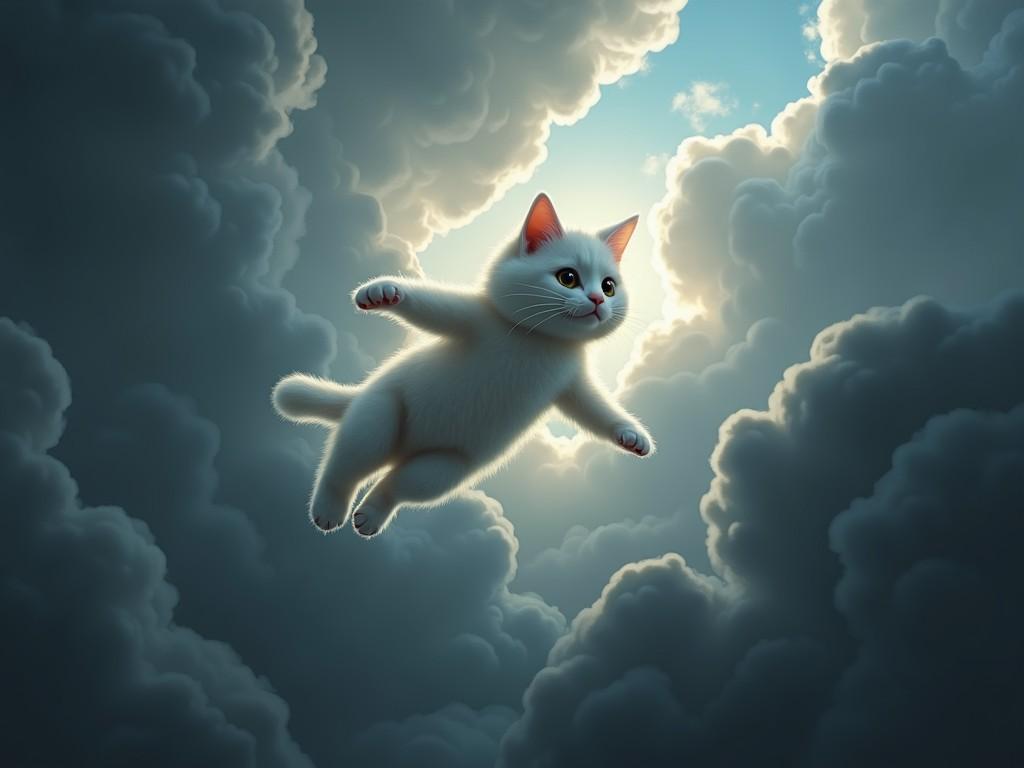 A cat with bird wings flies through a cloudy sky.