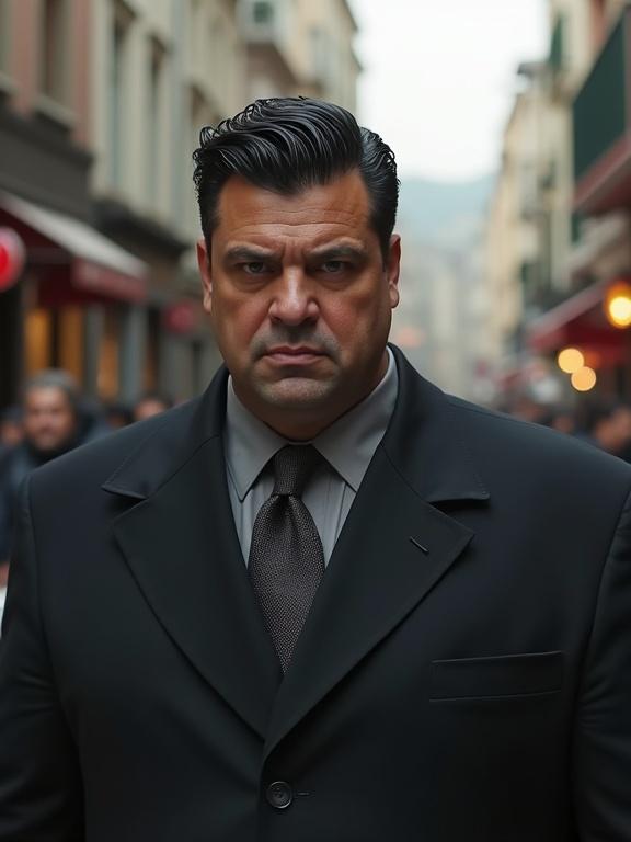 Photorealistic cinematic image of a large man in smart clothing standing in a busy street. He has thick black hair and a menacing expression. The setting is a Turkish street, and the camera angle is low from a distance.