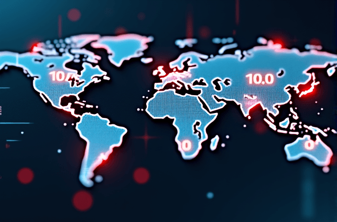 A digital world map is highlighted with bright blue lines and red accents resembling electronic circuits, marked by the number 10.0 in several locations.