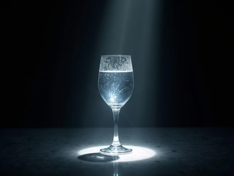 Hyper-realistic image of a glass of water at center. Glass is elegantly designed. Soft light rays surround the glass. Black background enhances the glass. Theme of DNA repair subtly incorporated into light.