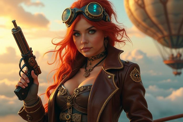 A fierce steampunk sky pirate captain stands on the deck of her airship. She has fiery red hair flowing in the wind. Her attire includes a stylish brown leather coat and a corset with brass buckles. A pair of futuristic steampunk goggles rest on her forehead. She carries a modified flintlock pistol. The background features a vibrant steampunk sky with floating islands. Her pose exudes confidence and power. The lighting is cinematic with a warm sunset glow.