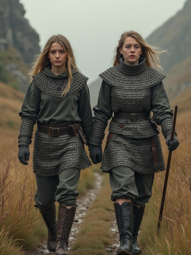 Two girls wearing chainmail armor walking together in a spooky valley. They appear confident among the natural landscape. The focus is on their attire and the surrounding environment.