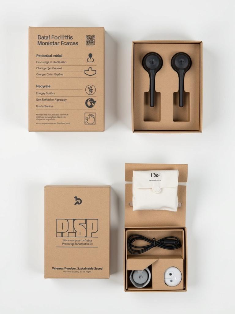 Box packaging shown with wireless earbuds. Key features displayed in modern font. Eco-friendly icons included for features. Back of the box has specifications and QR code. Internal packaging is minimal with molded insert for earbuds. Accessories are neatly packed in recyclable pouch. Material used is recycled cardboard with matte finish. Embossed logo on front and tagline mentions sustainable sound. Colors are neutral tones of beige and light brown with white and black accents.