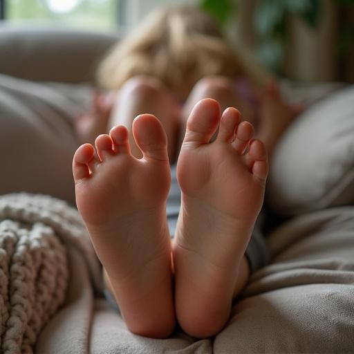 A girl rests on a sofa with her feet visible. The soles of her feet appear sweaty. The image captures a cozy and relaxed atmosphere. High-quality, 4k resolution.