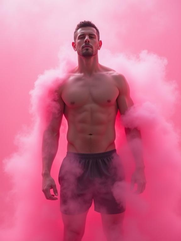 Athletic man with short hair stands upright looking at the camera. Focus on muscular build with smooth skin tones. Surrounded by pink mist. Mist transforms into a stunning woman. Captured in high quality, Ultra HD.