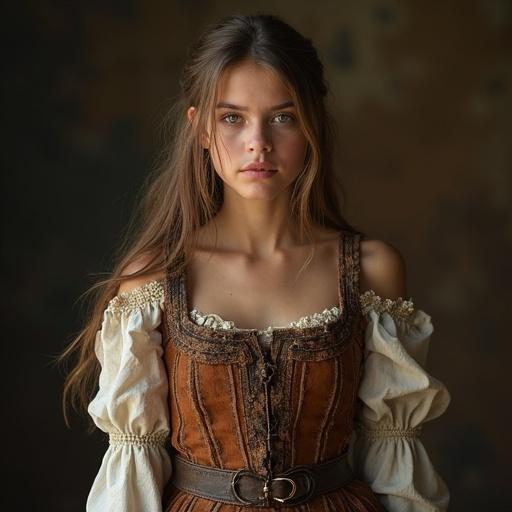 Young girl in medieval attire with intricate detailing. Long hair styled naturally. Soft lighting creates a warm atmosphere. Portraying a blend of beauty and resilience.