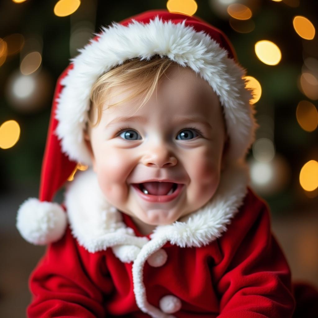 Cheerful baby boy dressed in red Santa costume with white trim. Background features glowing Christmas lights. Baby has a joyful smile.