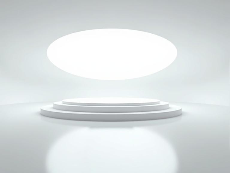 Interior of a white sleek smooth UFO ship. Large round dome ceiling with bright light. Central organic curvy platform. Smooth white floor with reflections and shadows.