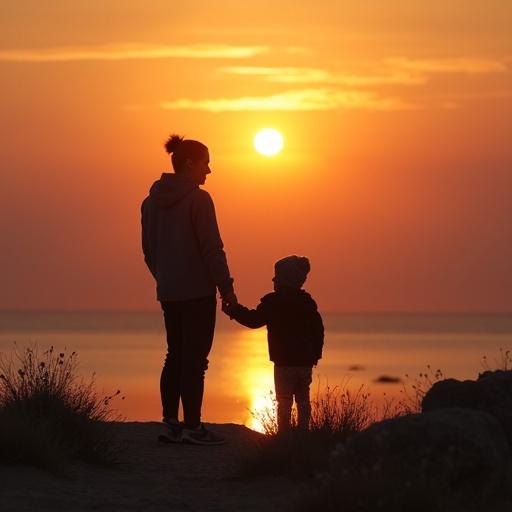 Scene at sunset with a child and a parent holding hands by the water. The sun setting creates a warm and serene atmosphere. The silhouette of the figures are prominent against the colorful sky.