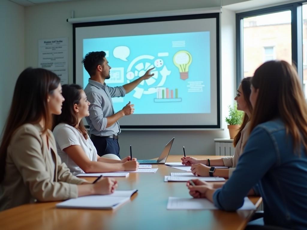 In a modern meeting room, a group of attentive students listens to a professor discussing the benefits of digital transformation. The professor stands by a screen displaying various graphics related to technology and innovation. The students, seated around a table with notebooks and laptops, appear engaged and interested in the topic being presented. Bright light illuminates the space, enhancing the focus on the educational discussion. This scene represents an interaction between learning and the evolving landscape of digital change.