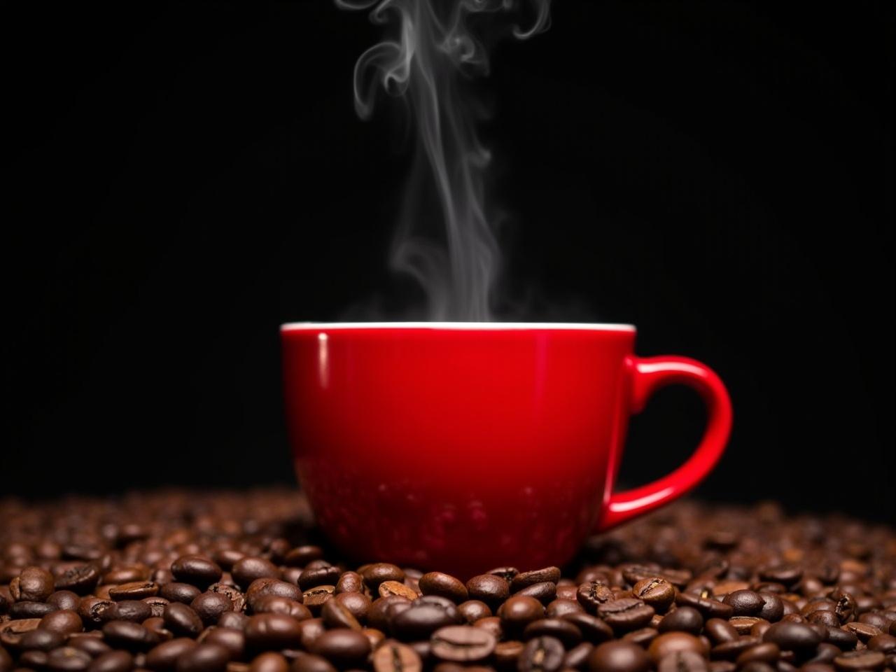 The image shows a bright red coffee cup sitting on a bed of coffee beans. Steam is rising gently from the cup, indicating that the coffee is hot and fresh. The background is dark, which enhances the vibrant color of the cup and the deep brown of the beans. There are various coffee beans scattered around, adding texture and richness to the scene. This setup creates a warm and inviting atmosphere, perfect for coffee lovers.