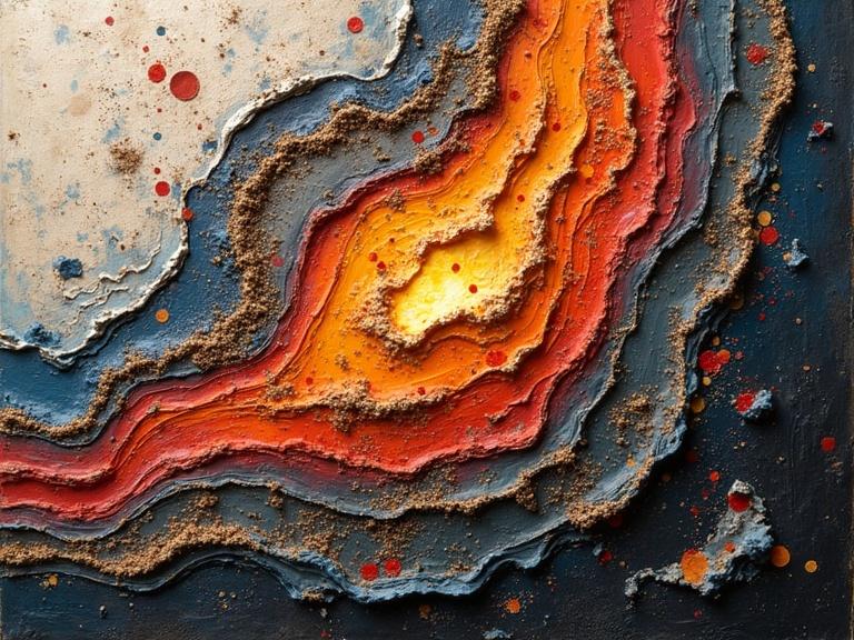Mixed media art piece featuring a multi-layered design inspired by lava cake. Incorporates various materials including oil paint, jute fibers, and glitter. Displays texture, color depth, and a sense of dimension. Evocative and stunning composition emphasizing brightness and layers.