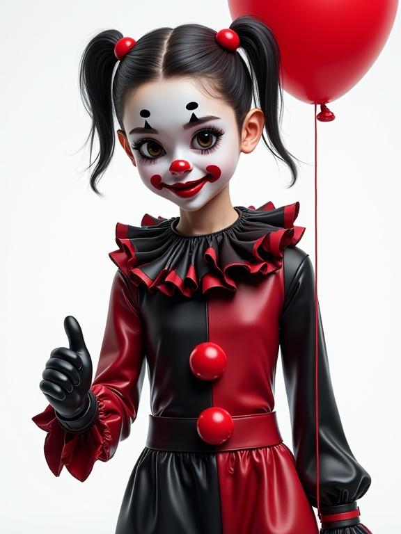 A cute petite female dressed as a clown wearing a glossy black and red suit. She holds a red balloon. The clown makeup features white, black, and red colors. Hair styled in short dark slick pigtails. The background is plain white.