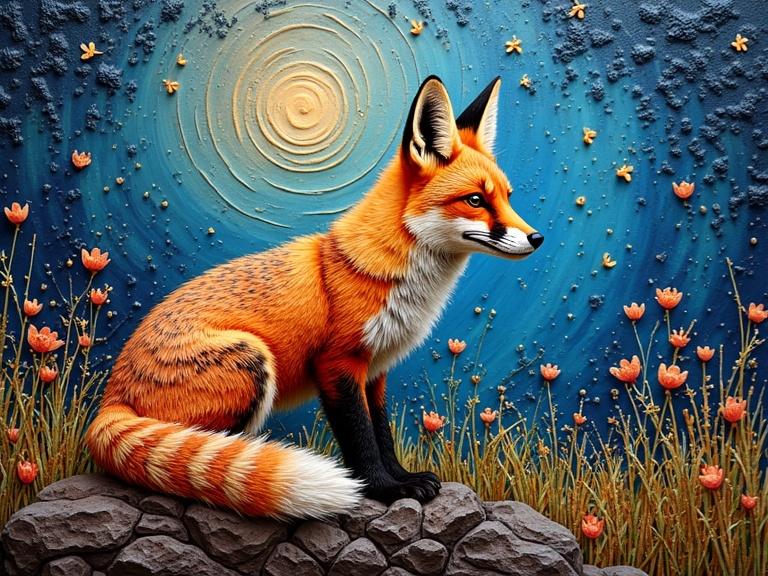 A fennec fox sits on a rock surrounded by a colorful landscape. The background features a swirling blue vortex with flower elements. The fox is depicted in a vibrant, artistic style with a focus on texture and color.