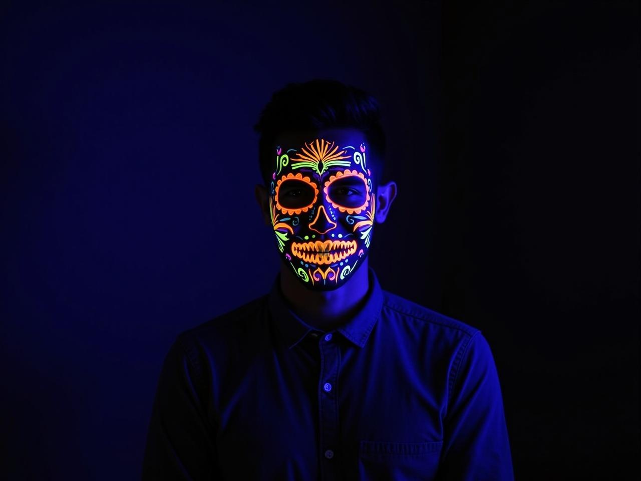 A man standing in a dark environment, adorned with vibrant neon color sugar skull makeup. The makeup glows strikingly under UV light, highlighting intricate designs and patterns. His expression is intense, capturing the spirit of the celebration. The background fades into shadow, contrasting with the vivid colors of his face. This dramatic lighting accentuates the artistry of the sugar skull theme, evoking a feeling of festivity and mystery.