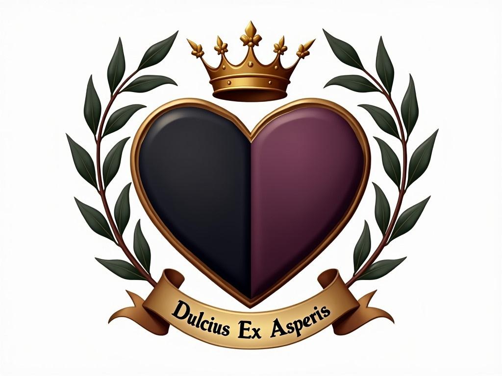 A heart-shaped shield is depicted with two halved sections. The left half features a black charge, while the right half displays a dark-purple charge. The shield is surrounded by decorative vines, adding a natural touch. At the top, there is a gold coronet that gives an elegant appearance. The design has no luster, making it matte and understated. Below the shield, a ribbon displays the motto 'Dulcius Ex Asperis'.