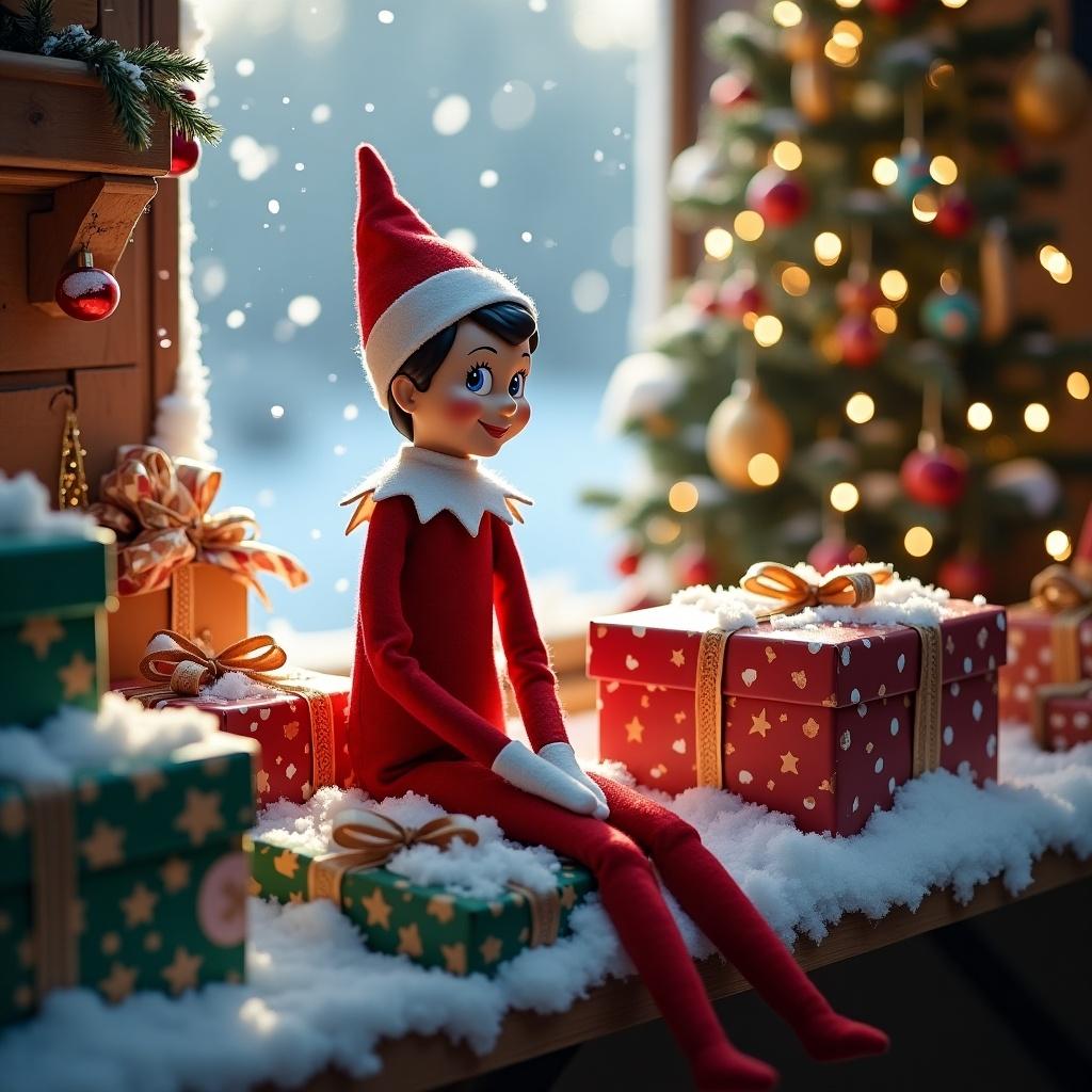 Elf figure dressed in a red costume placed among wrapped presents. The setting evokes a cozy Christmas atmosphere with a decorated tree in the background. Soft light coming from the window enhances the festive setting.