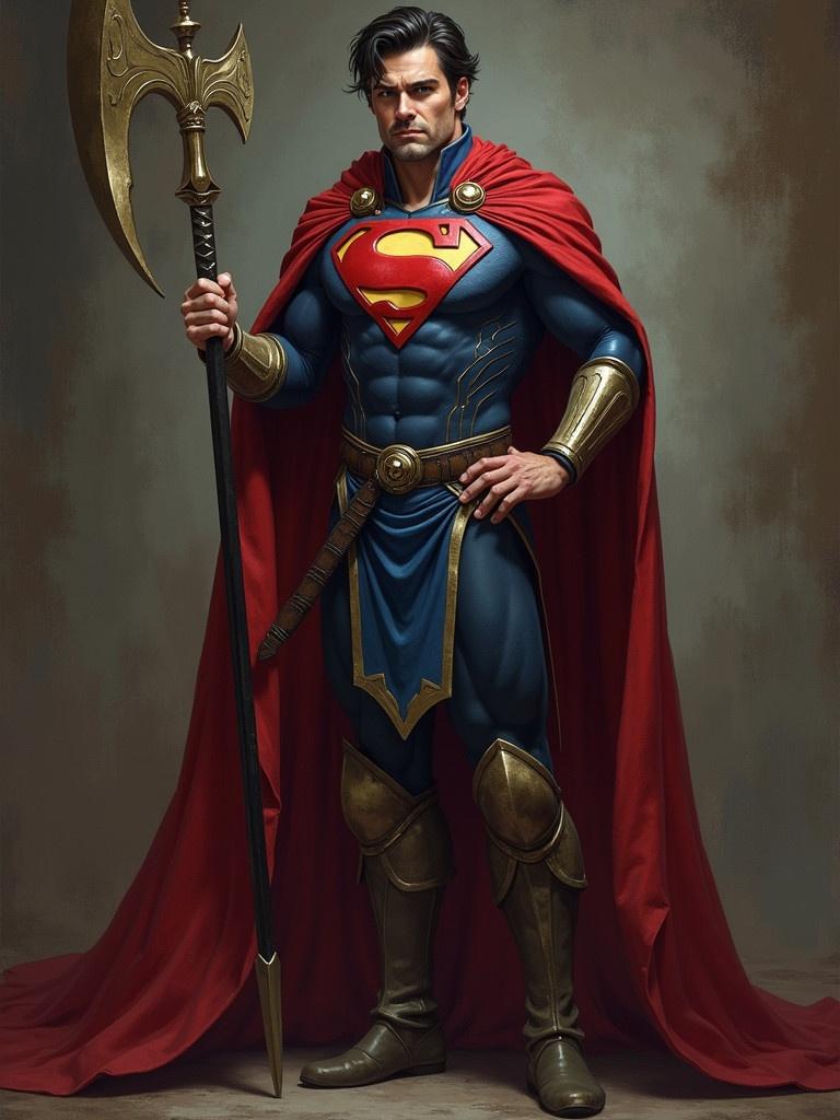 Image of a strong masculine fantasy character wearing a blue suit with a red cape and gold details. The character holds a large spear. The background is a soft gradient.