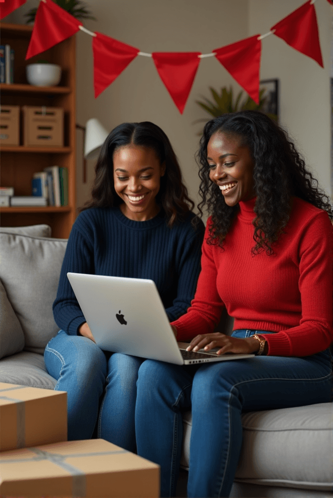 Two women sitting on a couch, engaged with a laptop, surrounded by festive decor and cardboard boxes.