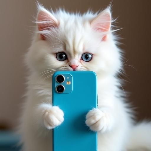 Fluffy white cat holding a blue smartphone with its paws. The cat shows curiosity and attention towards the phone. Background softly blurred. Cat has bright blue eyes.