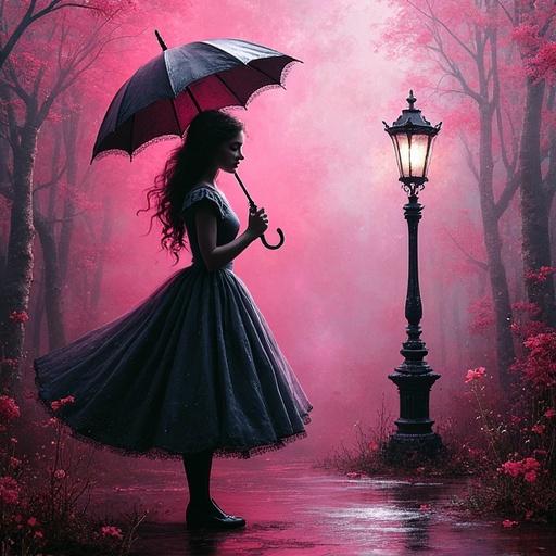 Surreal abstract impressionist painting of Alice in Wonderland in steampunk style. Features a girl holding a sparkling umbrella. Set in a vibrant pink and obsidian black scene. Extremely tall lamp in the background. Gothic theme with infinite possibilities.