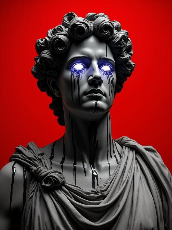 A painting of a classical figure statue with wavy hair and wreaths wearing draped garments. Black paint drips down the face and neck. Set against a red background. Eyes glow white with lightning effects. Full height in marble. Features masculine traits. Depicts anger but stoicism.