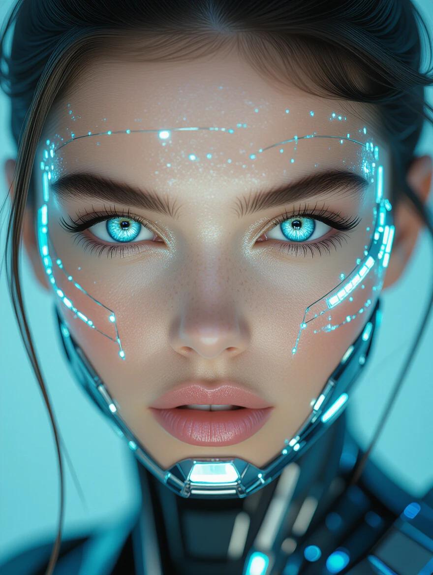 A cyborg adorned with beautiful features presents a captivating appearance. The cyborg features glowing crystal-like skin. Eyes are wide open, glowing blue with intensity. The design is hyper-detailed and has a cinematic quality.