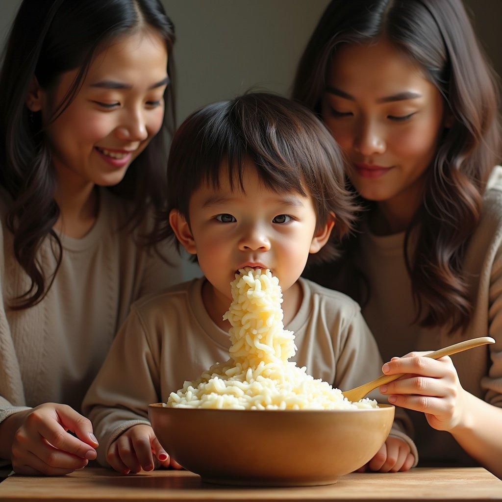 Group of women feeding a little boy large amounts of porridge. They train him for a world championship. Eating from a big pot of porridge. Must avoid puking while eating fast.