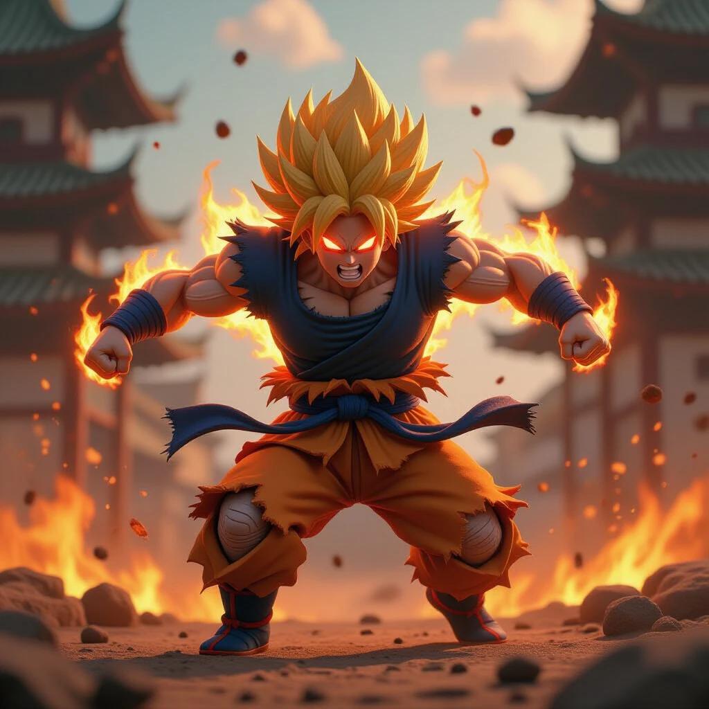 Ultra-realistic anime-style Super Saiyan warrior in mid-action pose with spiky golden hair and glowing internal fire. Intense red glowing eyes. Battle-damaged skin with a shredded gi. Dynamic forced perspective shows a forward thrusting arm. Surrounded by a fiery golden aura with incandescent particles. Clay-like texture with dramatic rim lighting. Internal body glow with cinematic volumetric lighting. Fire and ember effects with photorealistic flames. Strong shadows showcase muscle definition with heat distortion. Shallow depth of field adds depth to an abstract scorched battlefield background. Warm orange and amber tones create a dramatic atmosphere.