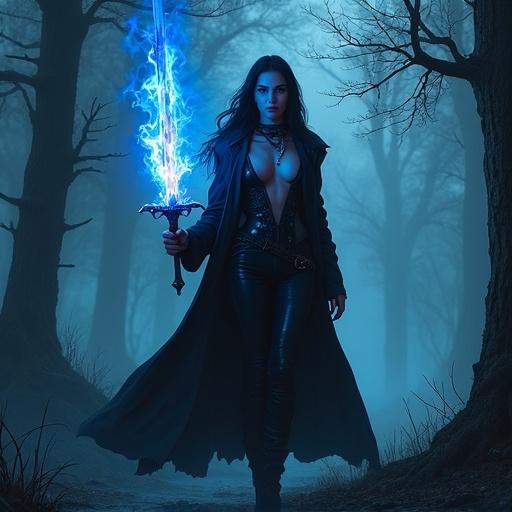 A beautiful woman holds a flaming sword in a misty forest. She wears a black outfit and a long black jacket. The atmosphere is magical and mysterious with a gothic theme. The art showcases vibrant digital quality and detailed character design.