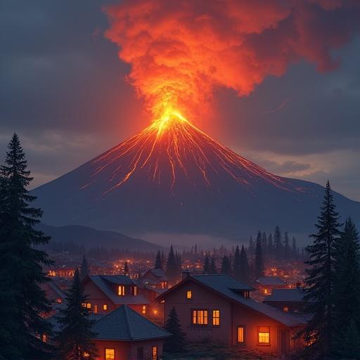A village located beneath a glowing volcano. The volcano is actively erupting, with lava spewing and glowing against a twilight sky. The village has houses with lights glowing, surrounded by trees and a dark landscape.