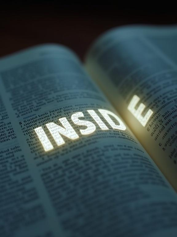 Close-up of an open Bible page with the word INSIDE illuminated by a bright internal light. The scene is highly detailed and cinematic.